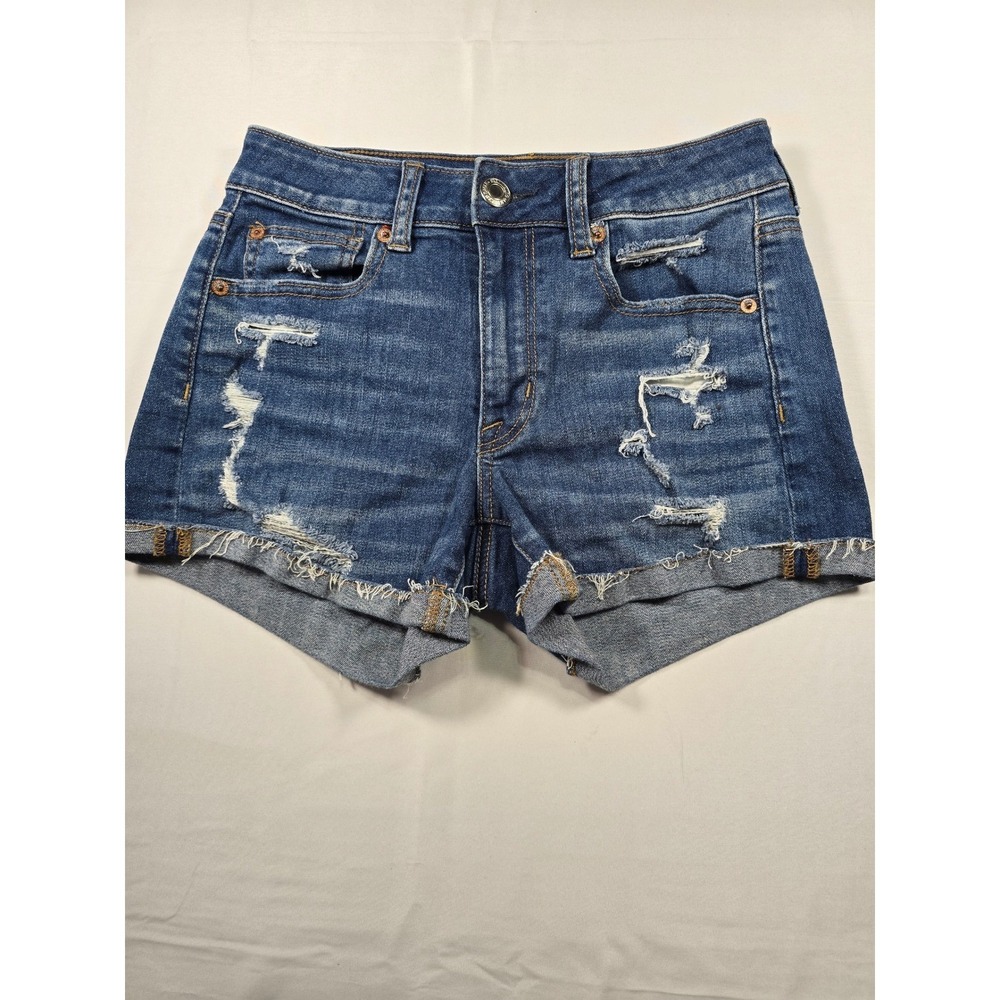 American Eagle Hi-Rise Shortie Denim Shorts Blue Distressed Super Stretch Size 2